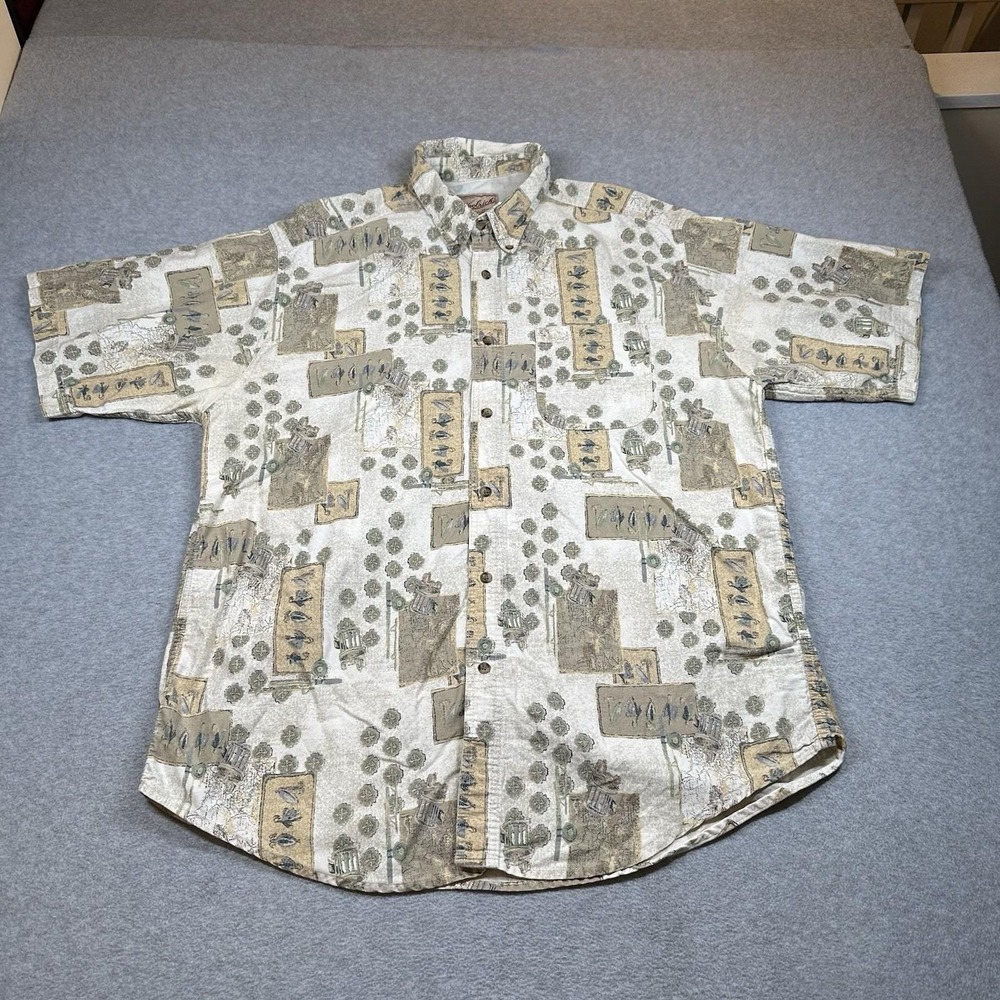 Vintage‎ Woolrich Hawaiian Shirt Mens XL Beige Fishing Geometric Button Down